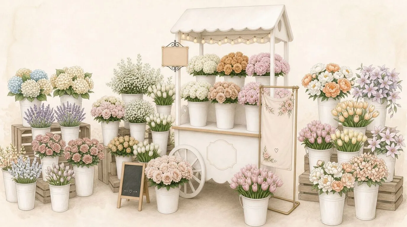 Custom Bloom Bar cart filled with seasonal roses, daisies, and eucalyptus for guests to wrap their own bouquets — floral add-on from our Pleasanton catering team