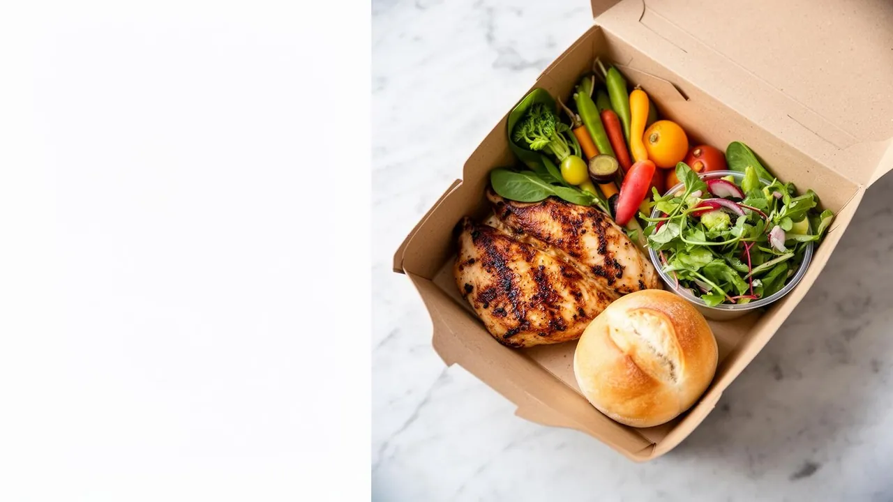 Catering Sunol and Pleasanton boxed meals — grilled chicken, roasted vegetables, and salad packed in a single serving container