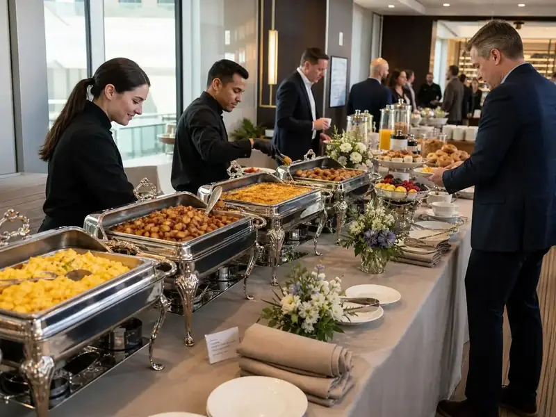 Attendants working a staffed corporate breakfast buffet of hot entrées, pastries and fruit for a Dublin office meeting — corporate catering across the Tri-Valley
