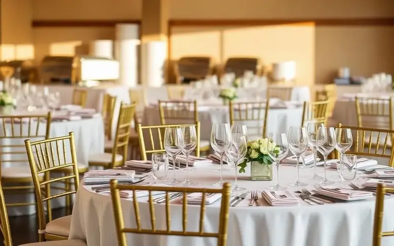 Event rentals staged with Chiavari chairs, stemware, china, flatware and fresh flowers ahead of a Dublin catering setup