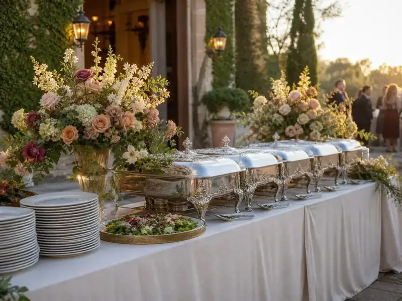 Floral and tablescape design paired with a fully set silver buffet at an evening reception — event florals from our Pleasanton studio