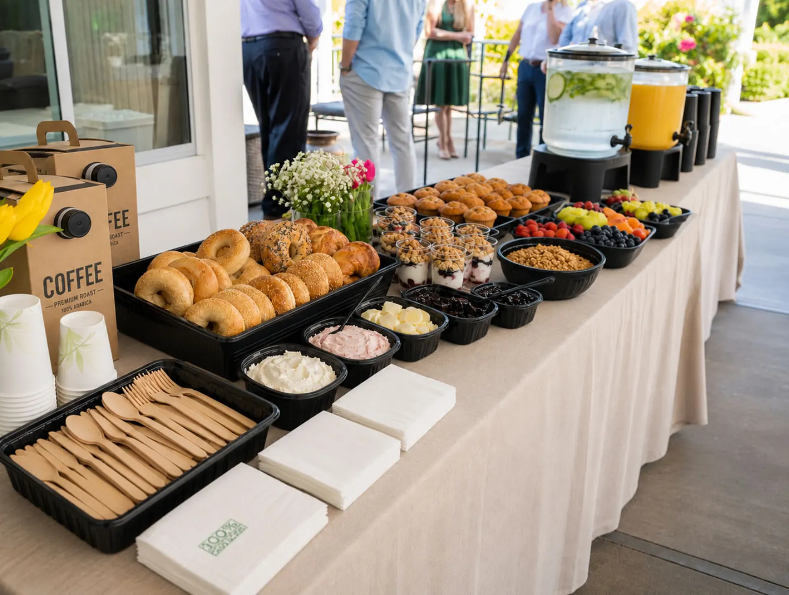 Drop-Off Continental Breakfast by Gimanelli's Catering Company Drop-off continental breakfast display with bagels, muffins, yogurt parfaits with granola, fresh fruit and berries, coffee, iced water, and orange juice on a linen-draped outdoor buffet by Gimanelli's Catering Company