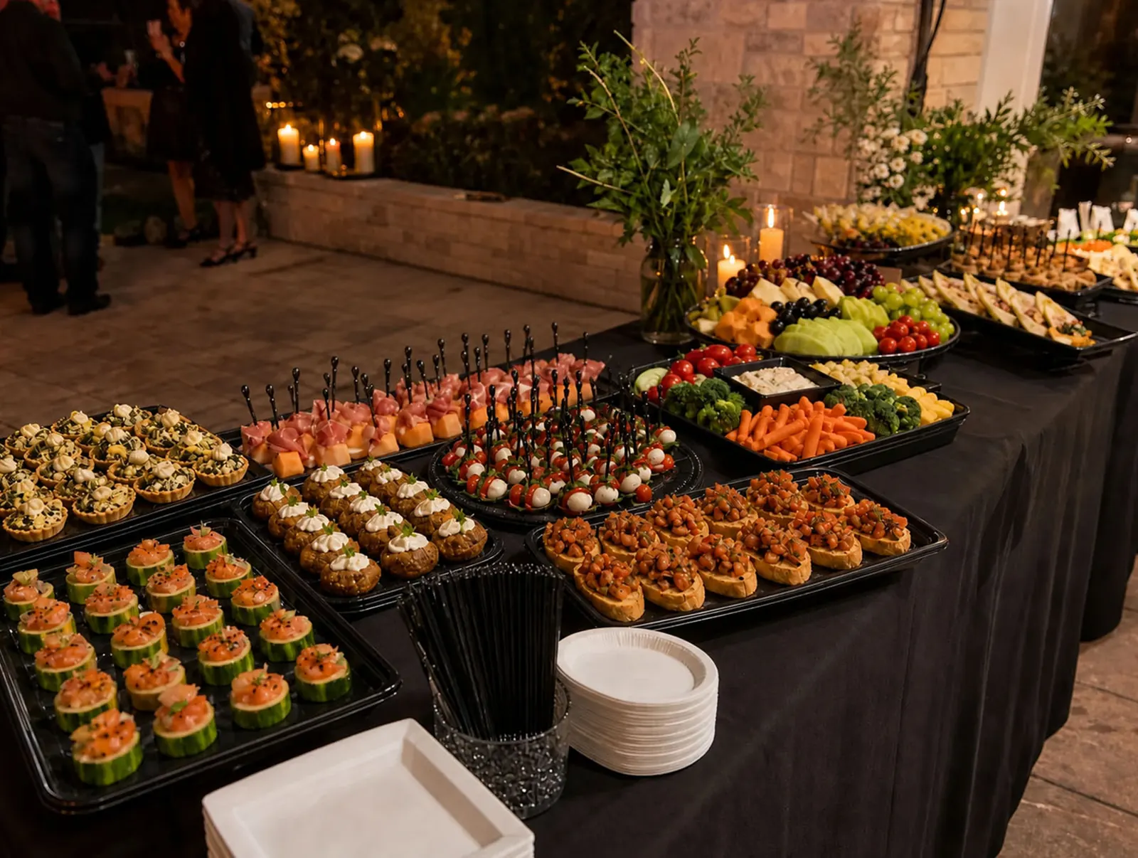 Drop-Off Appetizer Station Elegant evening drop-off appetizer station with caprese skewers, prosciutto and melon, bruschetta, stuffed mushrooms, smoked salmon cucumber cups, artichoke tartlets, crudité, fresh fruit and cheese trays, and candlelit florals by Gimanelli's Catering Company