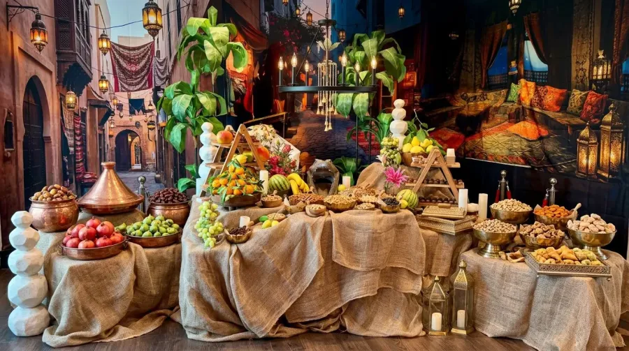 Jewel-toned grazing spread of dates, figs, nuts and sweets layered over rich linens with floral accents — themed floral design for Sunol catering