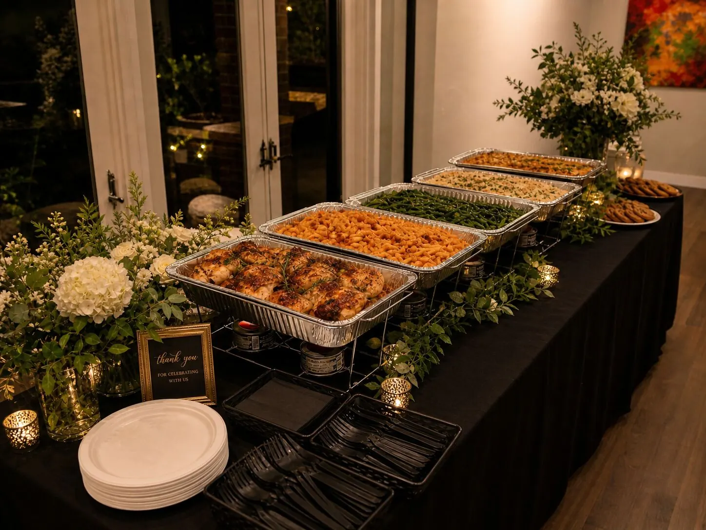 Delivered dinner of roast chicken, baked pasta, green beans and rice finished with candlelight and small arrangements — floral add-ons on Livermore catering deliveries