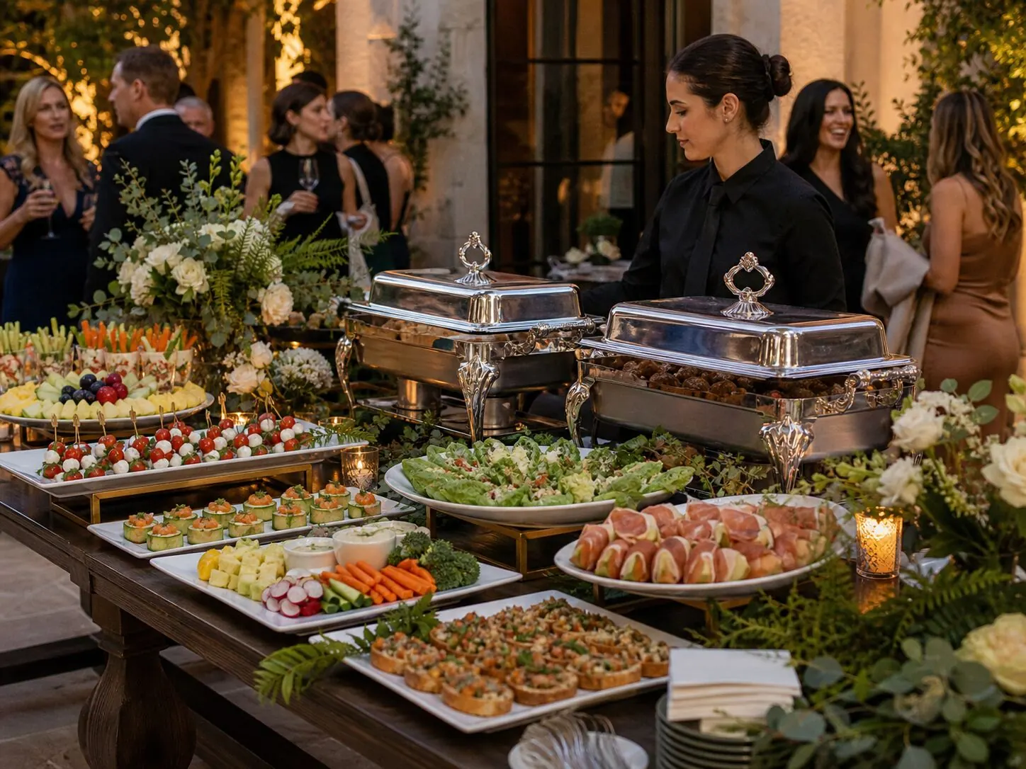 Attended hors d'oeuvres station edged with fresh blooms beside warm chafers outdoors — appetizer station florals for Dublin catering
