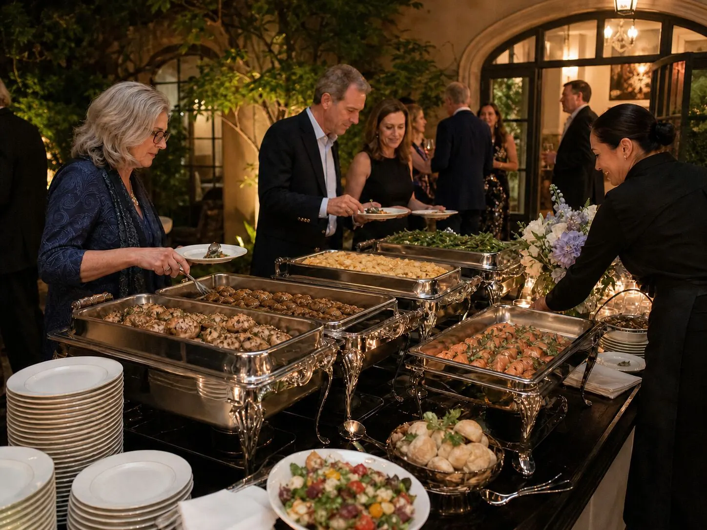 Staffed dinner service with chafing dishes and an attendant at a Tri-Valley corporate event catered by Gimanelli's Catering