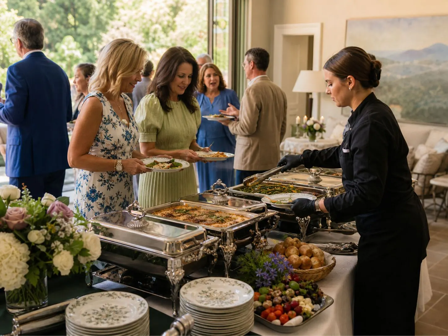 Server portioning entrées from polished silver chafers for guests inside a sunlit estate dining room at midday — attended lunch service for San Ramon catering