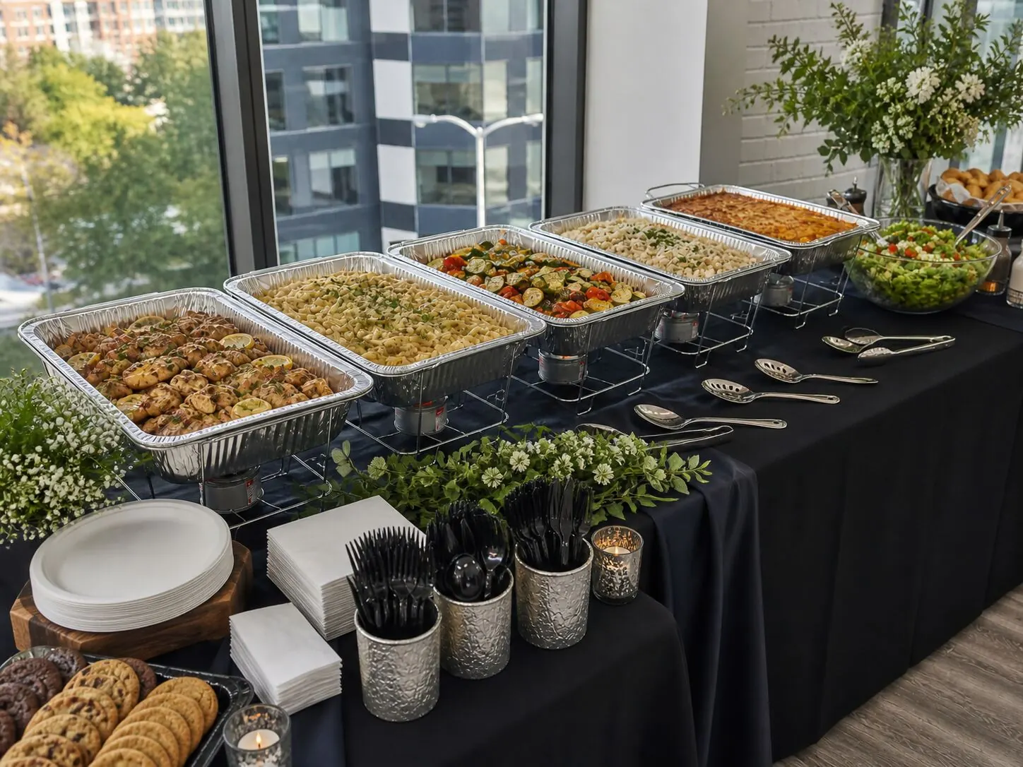 Hot lunch buffet with entrees, sides, and salad delivered to a Pleasanton office by Gimanelli's Catering