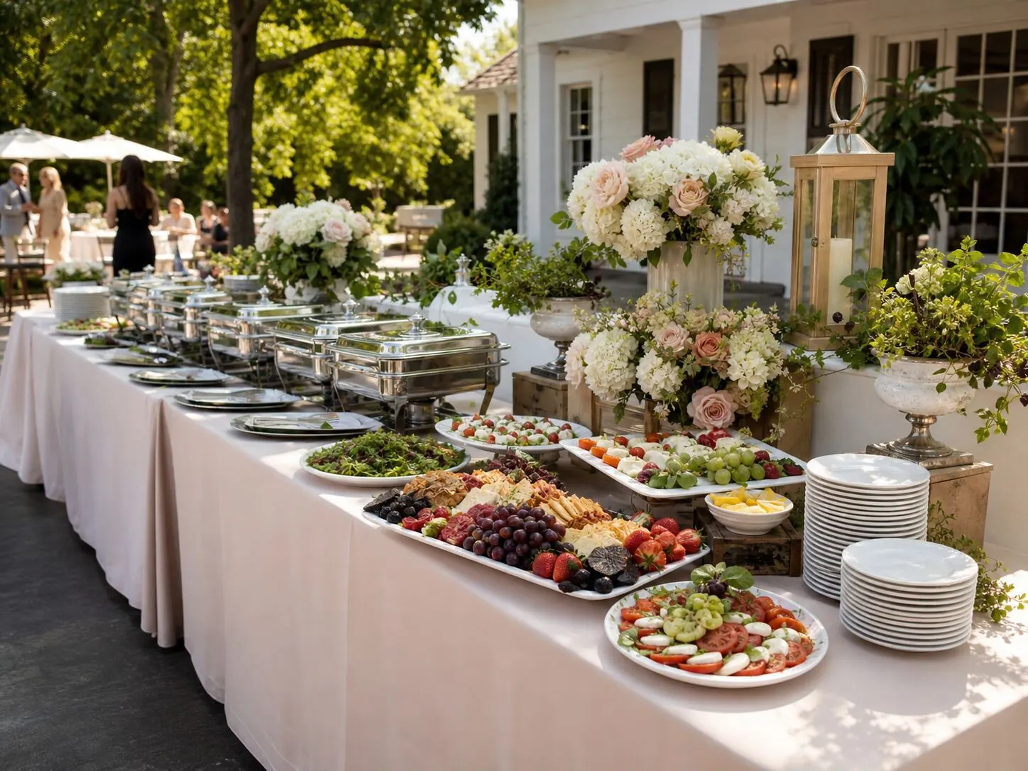 Outdoor buffet of chafers, charcuterie and fruit set off by fresh arrangements along the table — open-air floral styling for San Ramon catering
