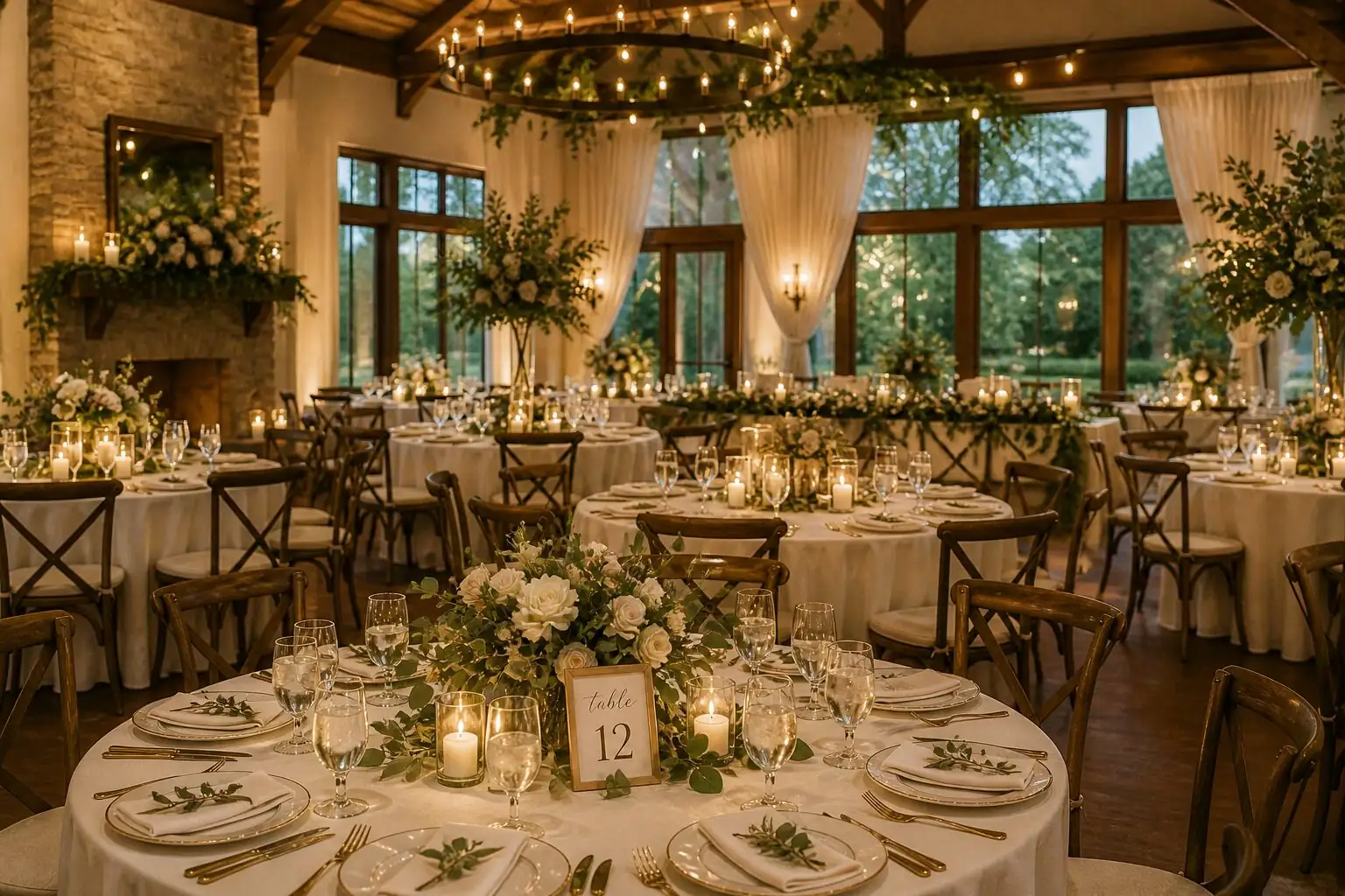 Livermore Valley wedding catering — long reception table with florals, glassware, and a chef-attended buffet at golden hour